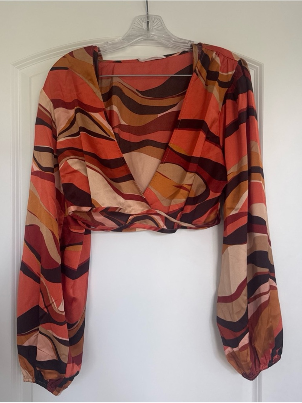 12th Tribe Orange Multi Abstract Wave Wrap Crop Top